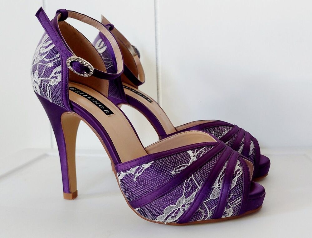 ERIJUNOR Purple Satin White Lace Strappy Peep Toe Heels Wedding Evening Size 5